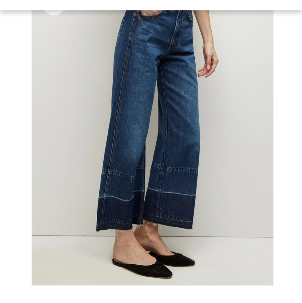 VERONICA BEARD Taylor Wide Leg Crop Raw Hem Faded Dark Wash Jeans - Size 25